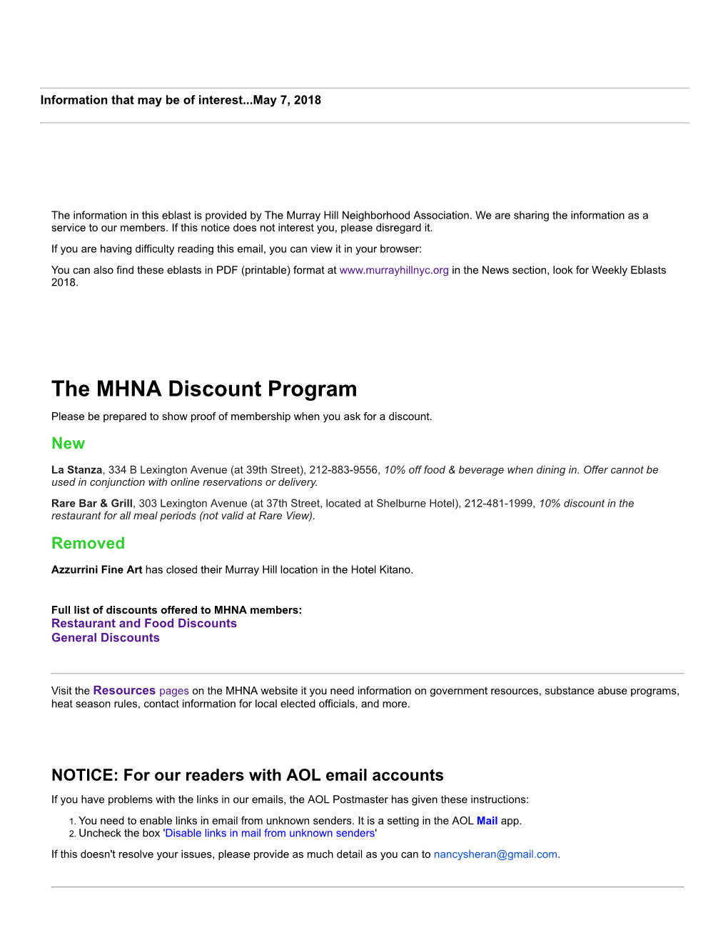 The MHNA Discount Program Please Be Prepared to Show Proof of Membership When You Ask for a Discount