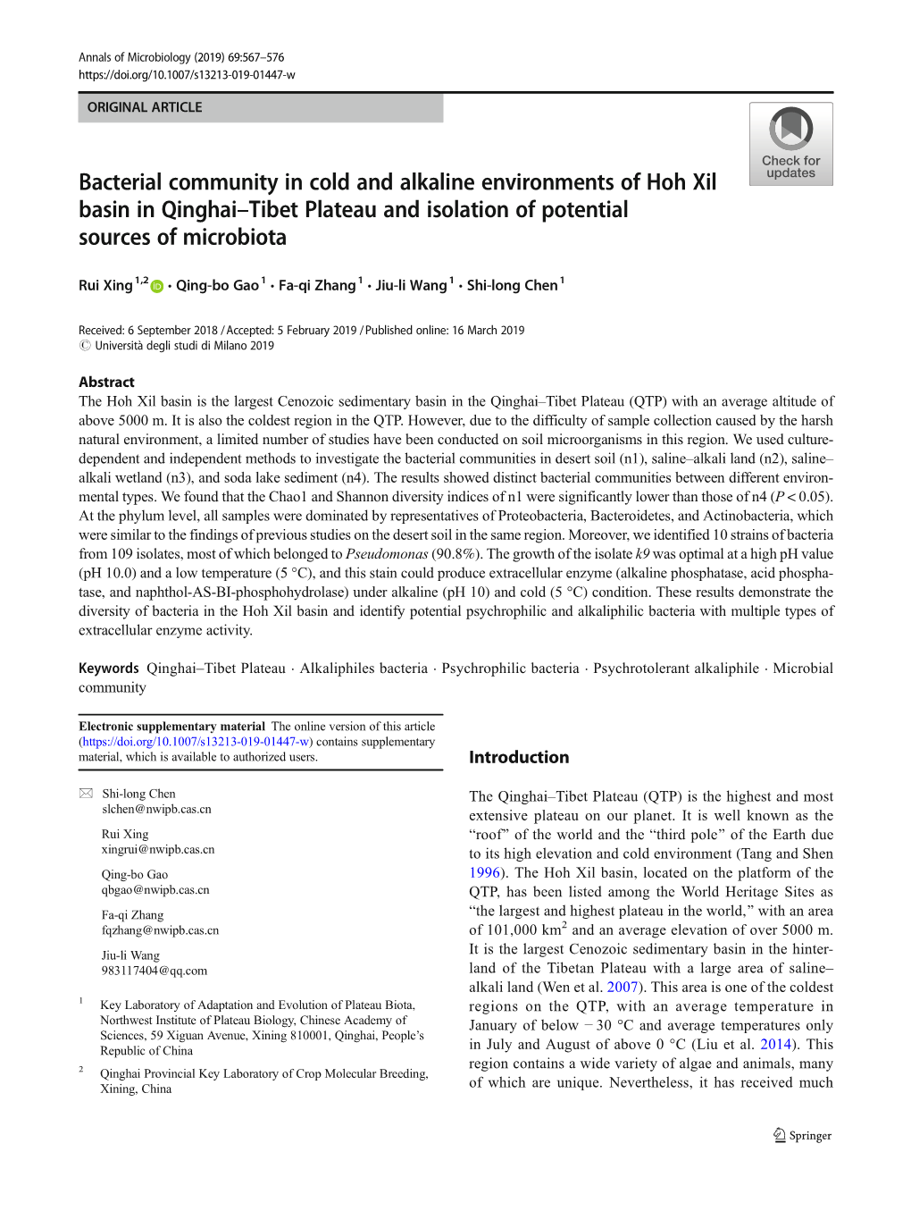 Bacterial Community in Cold and Alkaline Environments of Hoh Xil Basin in Qinghai–Tibet Plateau and Isolation of Potential Sources of Microbiota