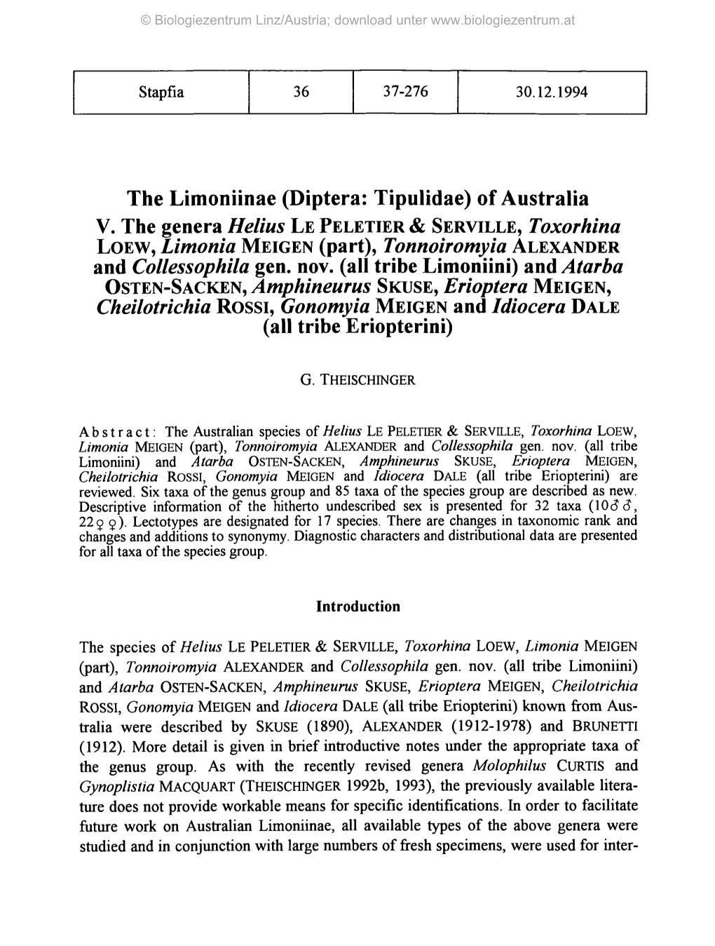 The Limoniinae (Diptera: Tipulidae) of Australia V. the Genera