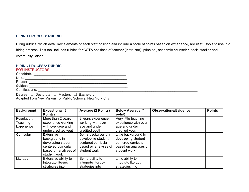 Hiring Process: Rubric