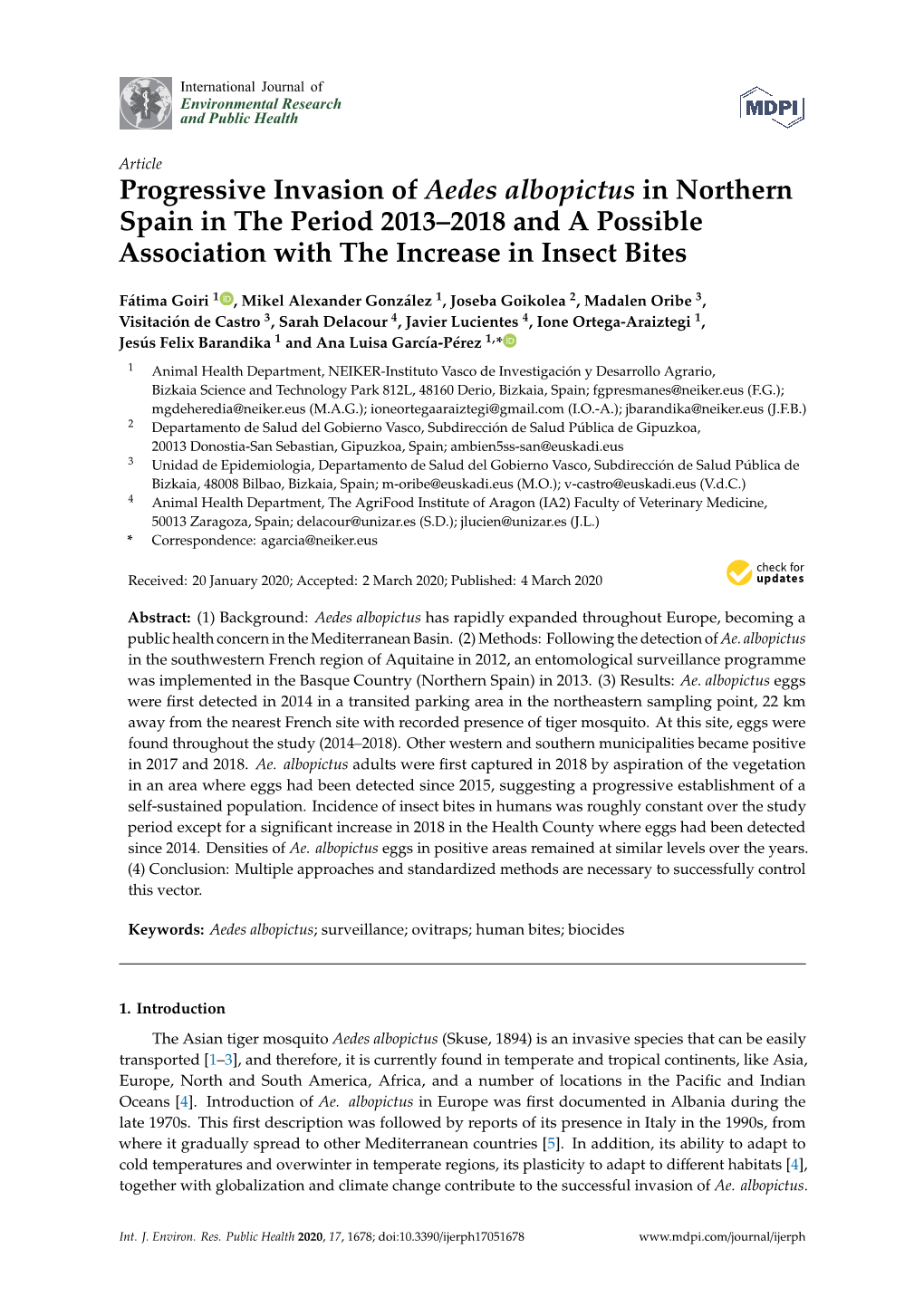 Progressive Invasion of Aedes Albopictus in Northern Spain in the Period 2013–2018 and a Possible Association with the Increase in Insect Bites