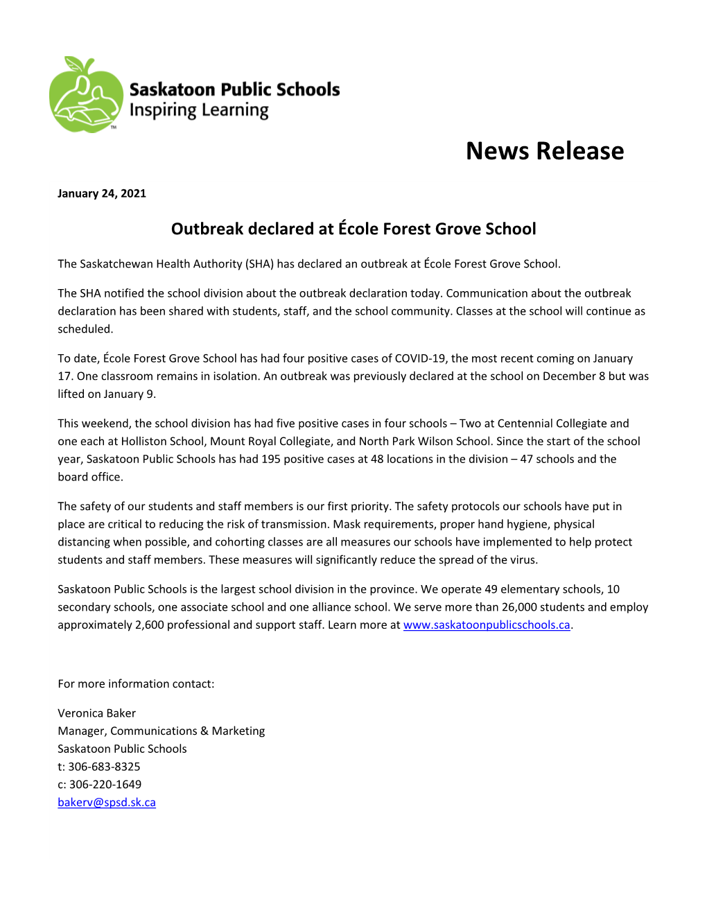 News Release January 24, 2021 Outbreak Declared at École Forest Grove School