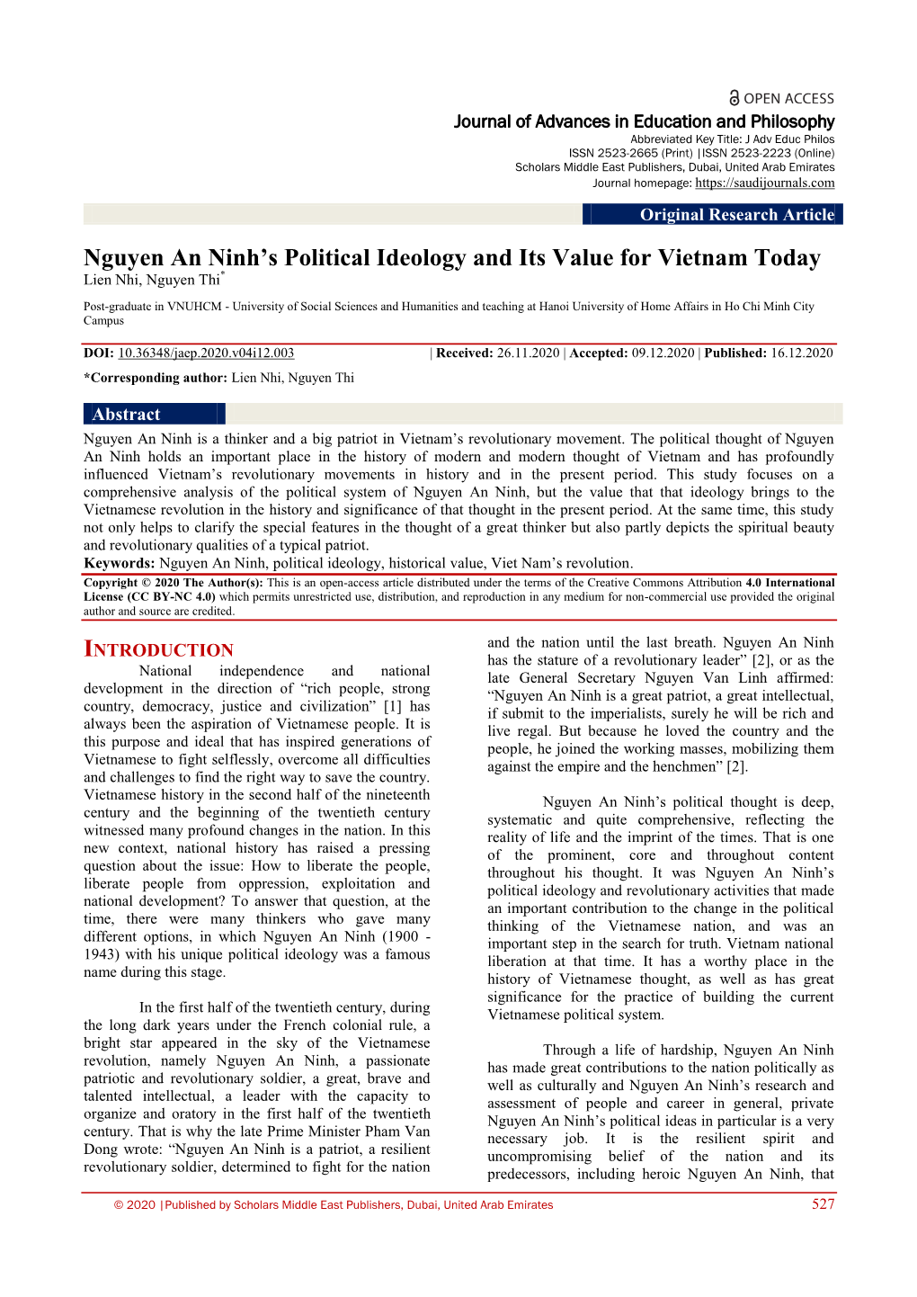 Nguyen an Ninh's Political Ideology and Its Value for Vietnam Today