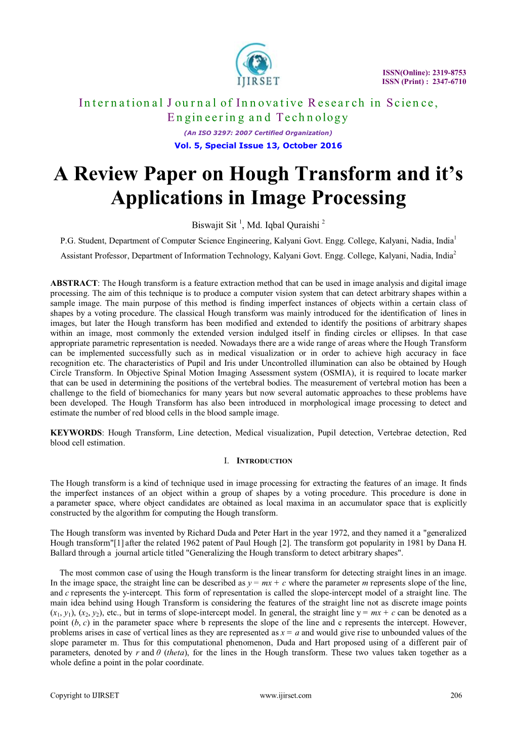 A Review Paper on Hough Transform and It's Applications in Image