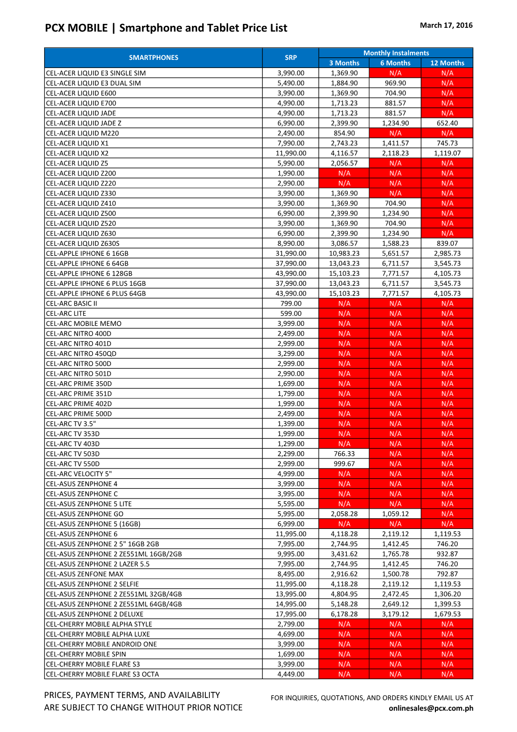 PCX MOBILE | Smartphone and Tablet Price List March 17, 2016