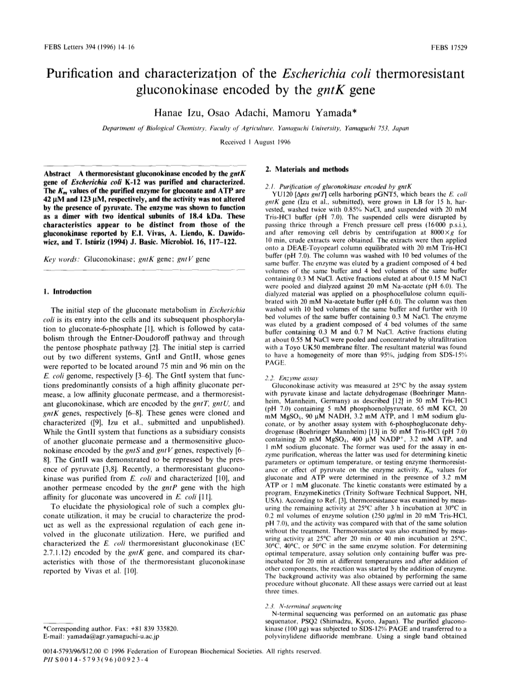 Purification and Characterization of the Escherichia Coli Thermoresistant Gluconokinase Encoded by the Gntk Gene