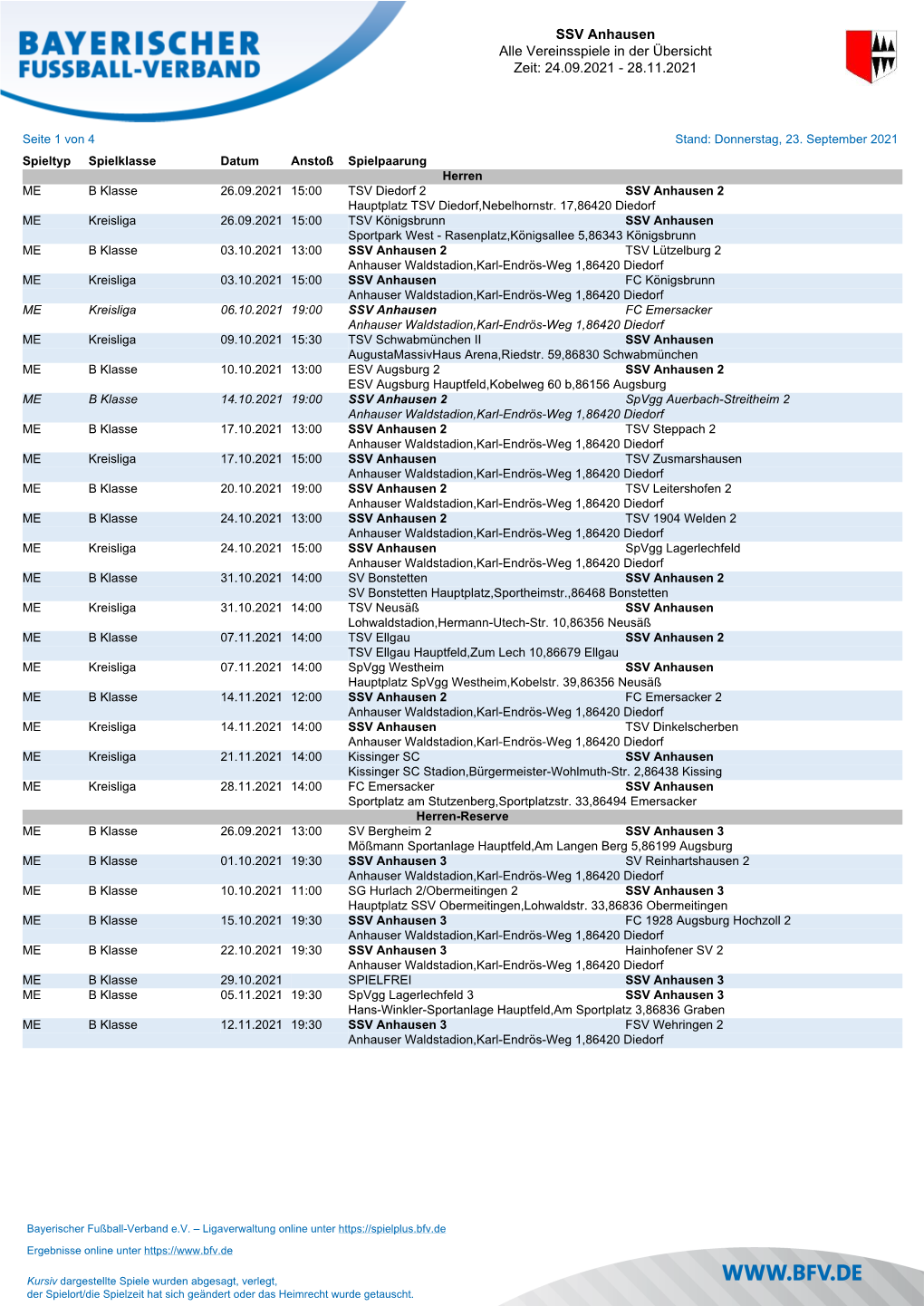 SSV Anhausen Alle Vereinsspiele in Der Übersicht Zeit: 24.09.2021 - 28.11.2021