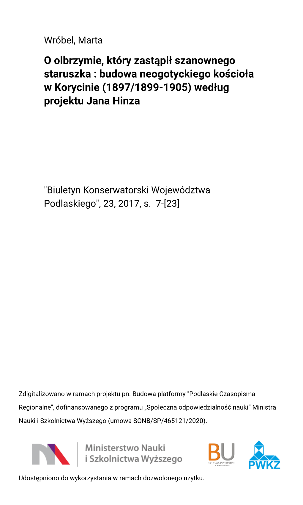 Budowa Neogotyckiego Kościoła W Korycinie (1897/1899-1905) Według Projektu Jana Hinza