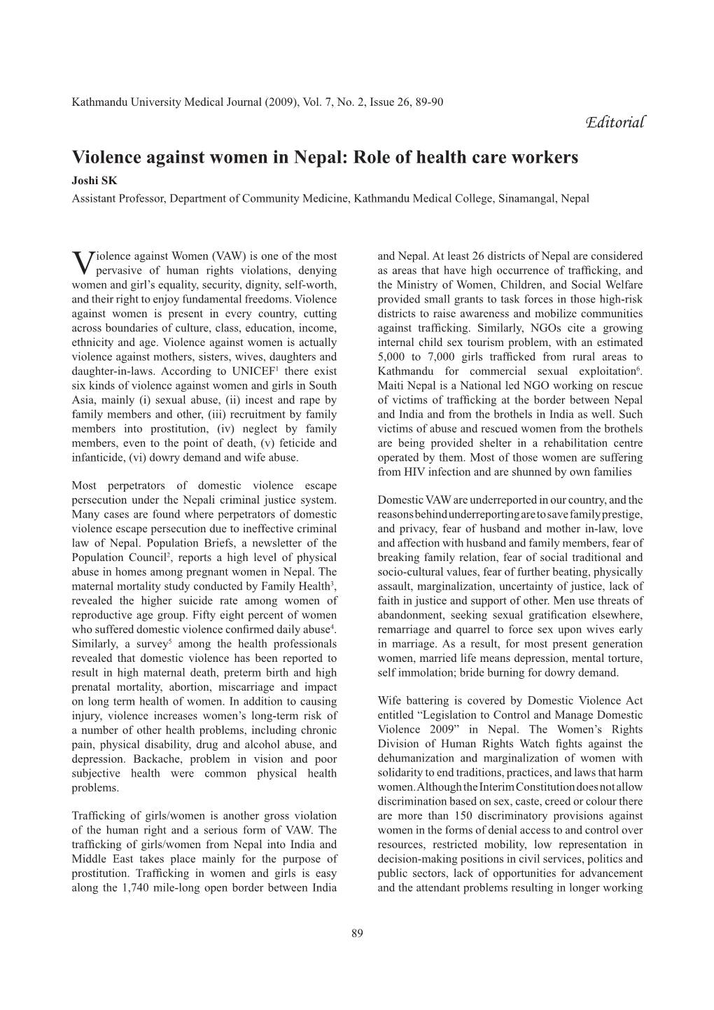 Violence Against Women in Nepal: Role of Health Care Workers