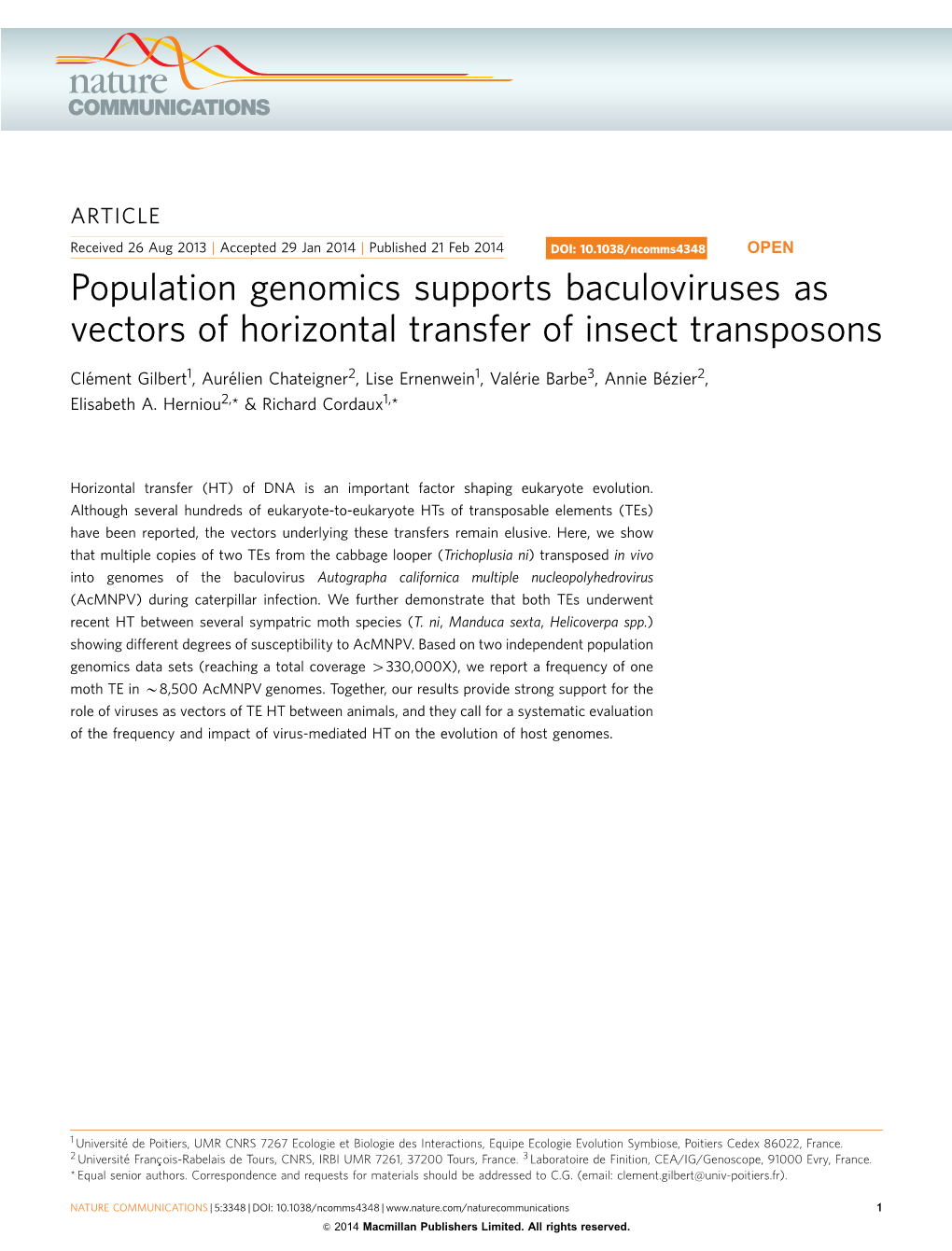 Population Genomics Supports Baculoviruses As Vectors of Horizontal Transfer of Insect Transposons