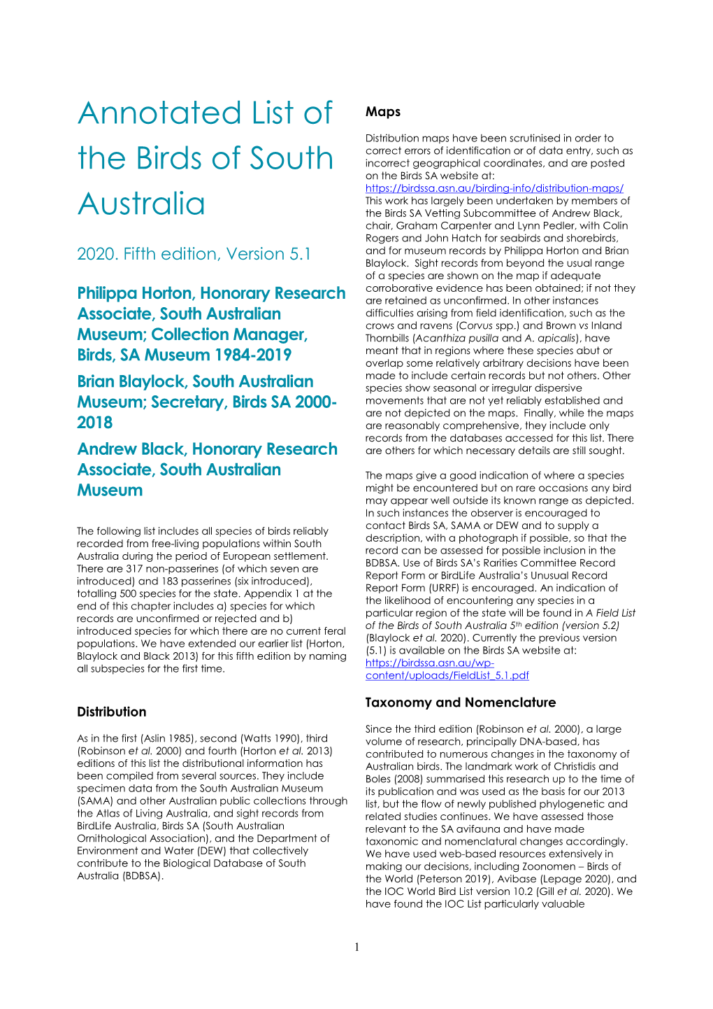 Annotated List of the Birds of South Australia