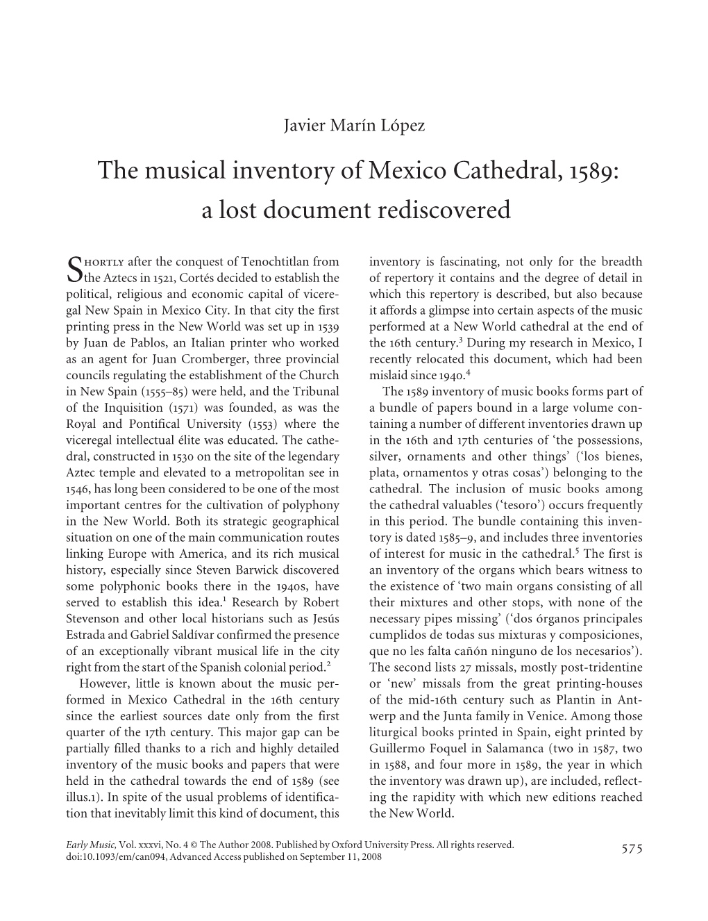 The Musical Inventory of Mexico Cathedral, 1589: a Lost Document Rediscovered