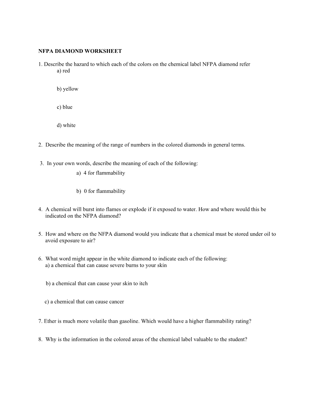 Nfpa Diamond Worksheet