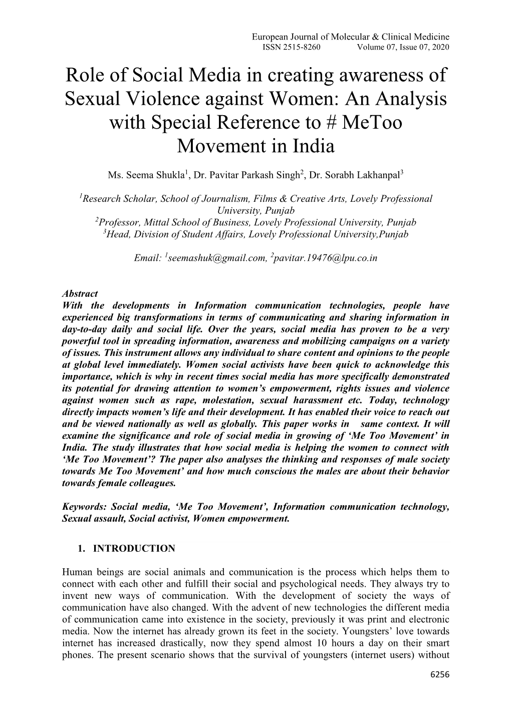 Role of Social Media in Creating Awareness of Sexual Violence Against Women: an Analysis with Special Reference to # Metoo Movement in India