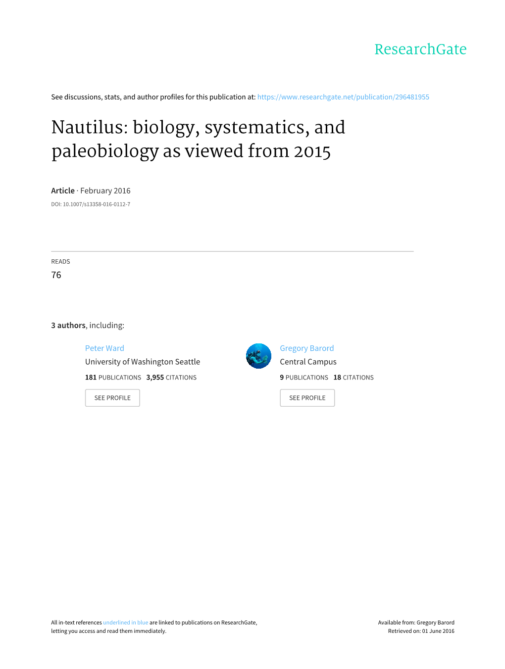 Nautilus: Biology, Systematics, and Paleobiology As Viewed from 2015