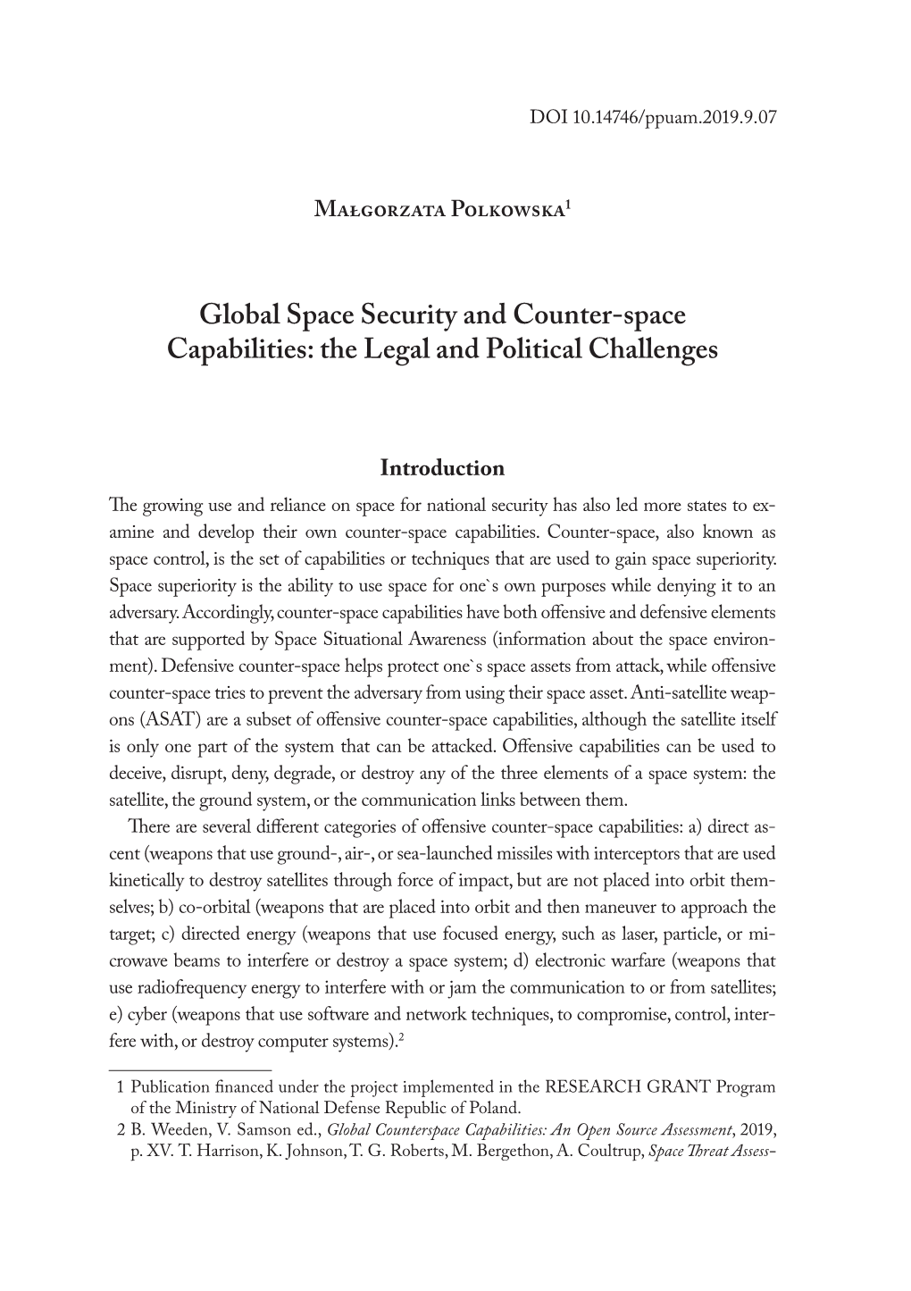 Global Space Security and Counter-Space Capabilities: the Legal and Political Challenges