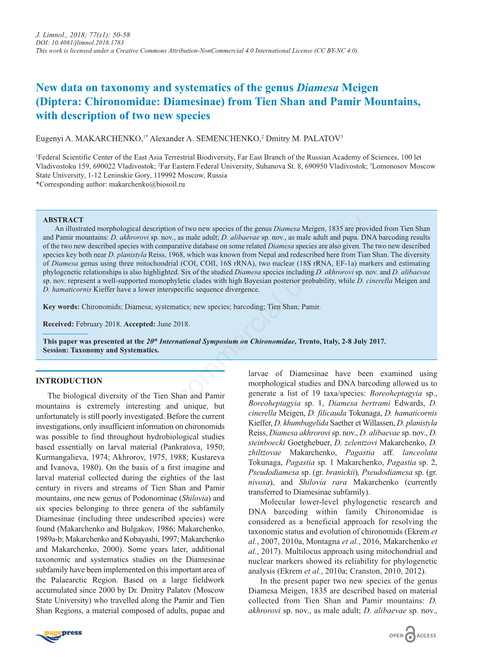 New Data on Taxonomy and Systematics of the Genus Diamesa