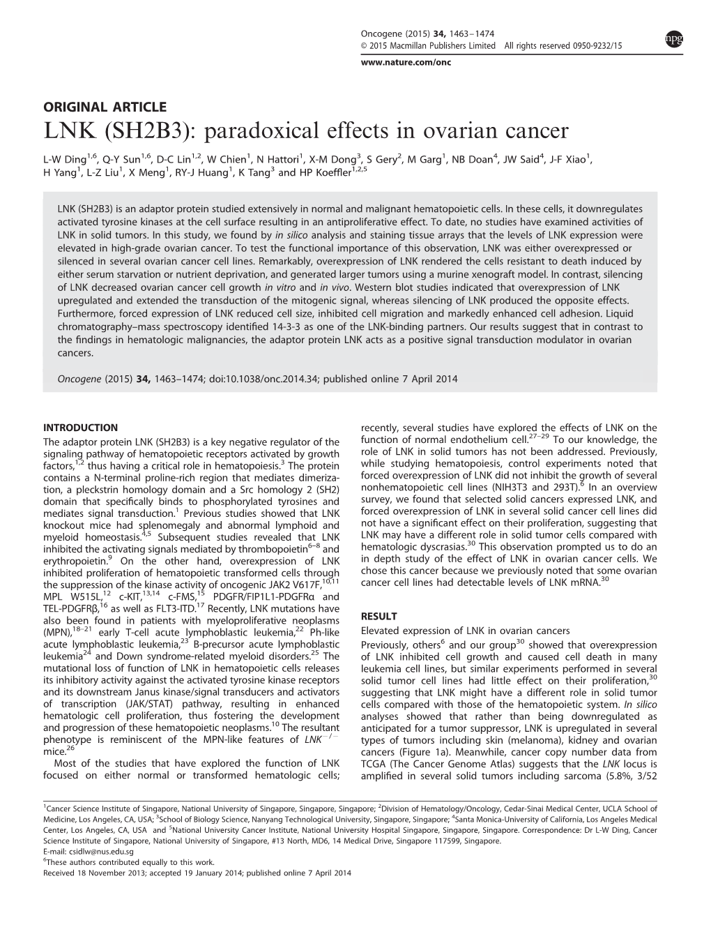 LNK (SH2B3): Paradoxical Effects in Ovarian Cancer