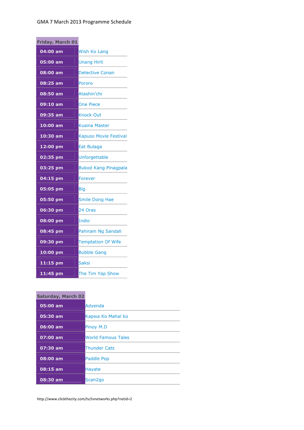 GMA 7 March 2013 Programme Schedule