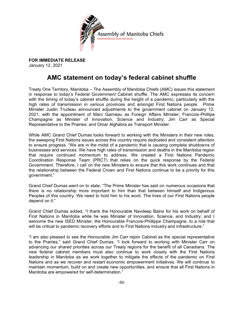 AMC Statement on Today's Federal Cabinet Shuffle