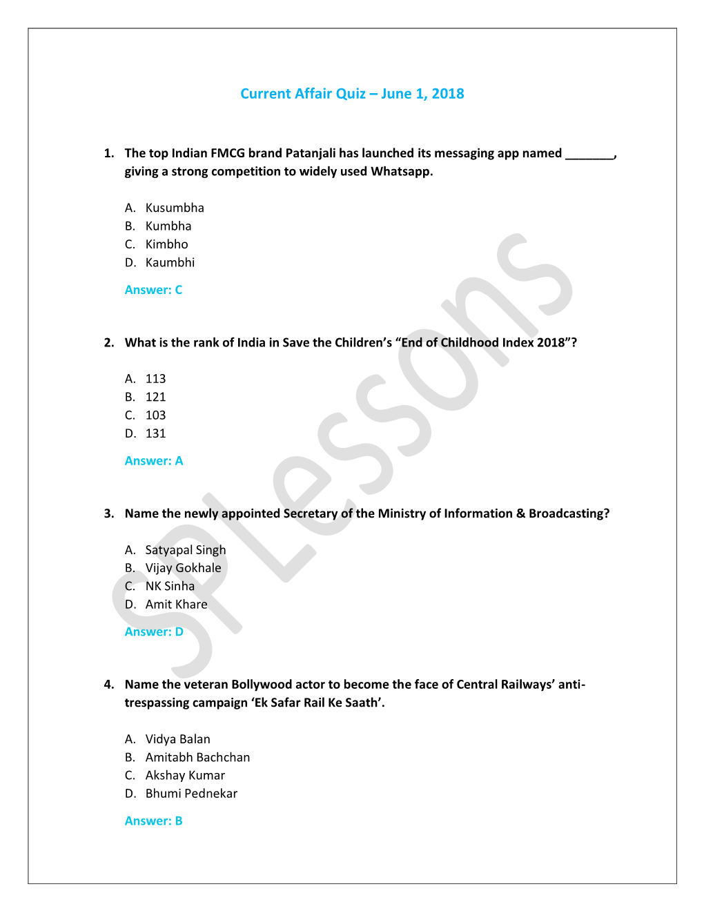 Current Affair Quiz – June 1, 2018