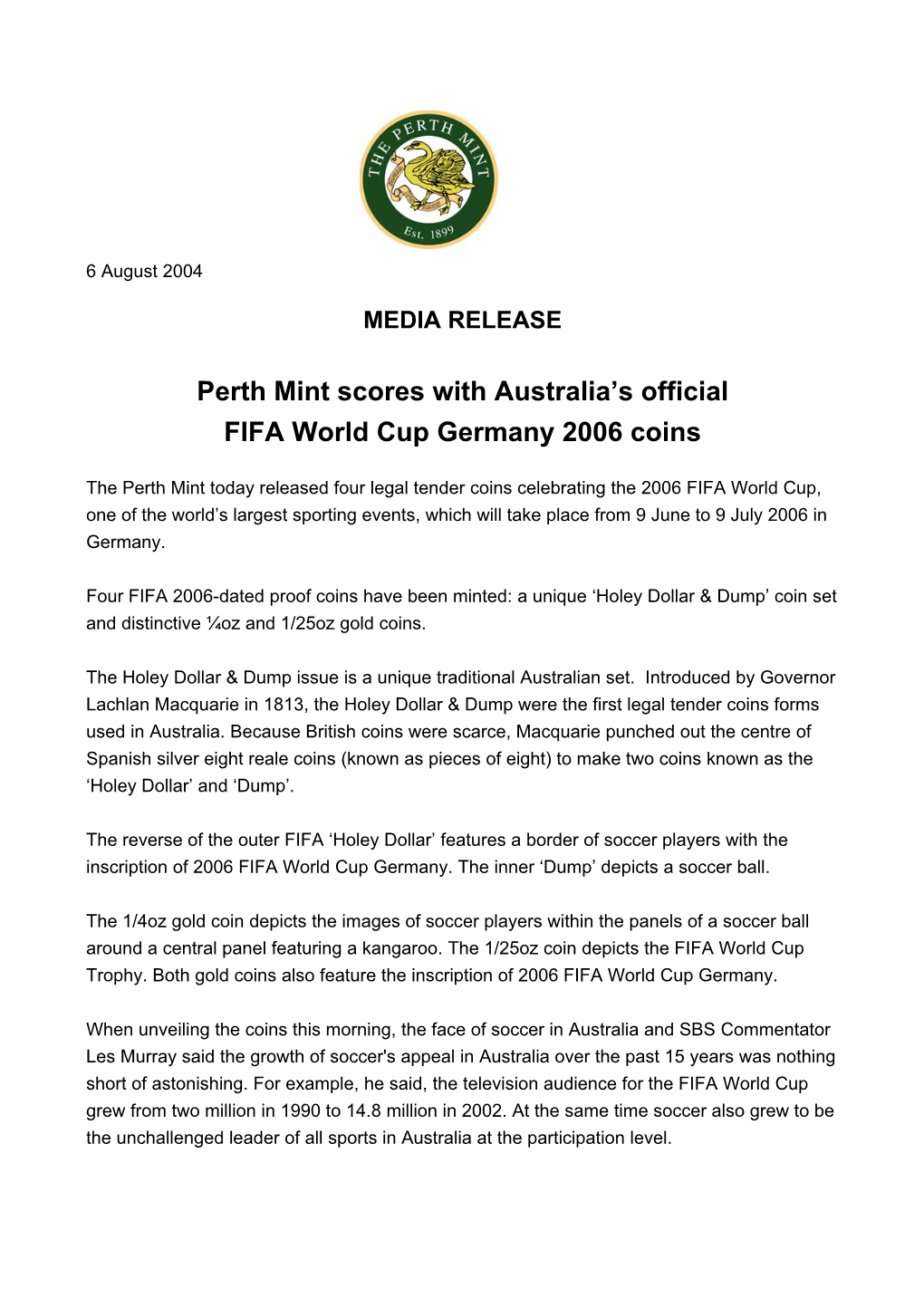 Perth Mint Scores with Australia's Official FIFA World Cup Germany