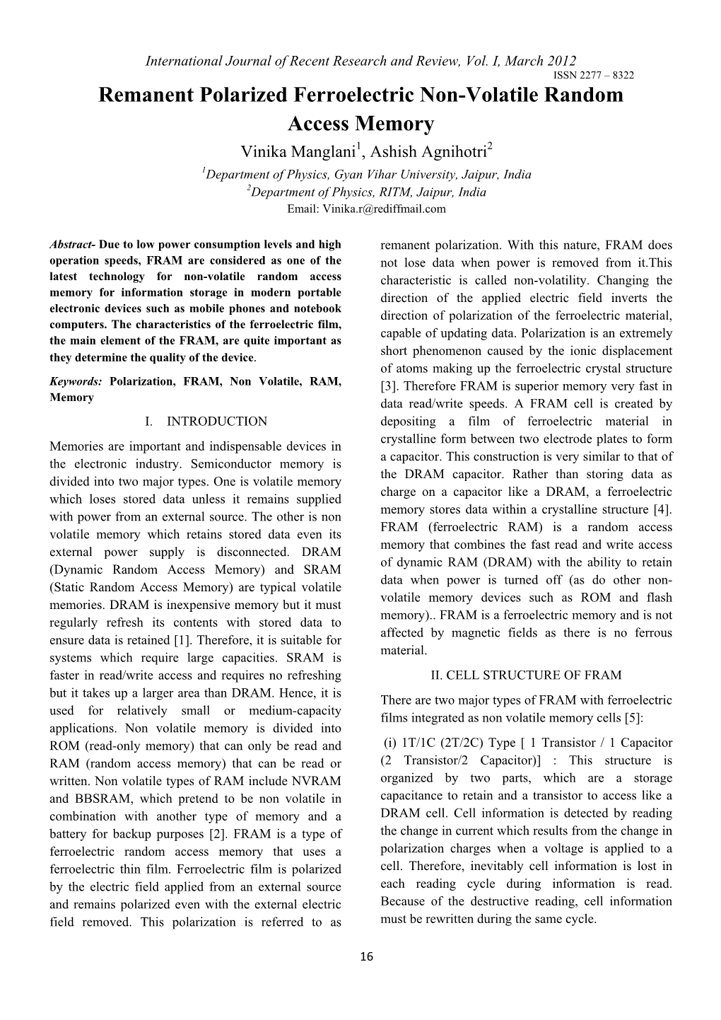 Remanent Polarized Ferroelectric Non-Volatile Random Access Memory