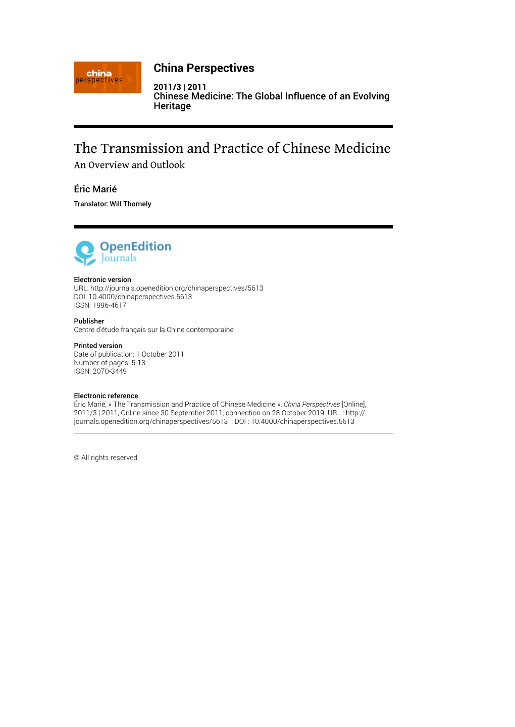 The Transmission and Practice of Chinese Medicine an Overview and Outlook