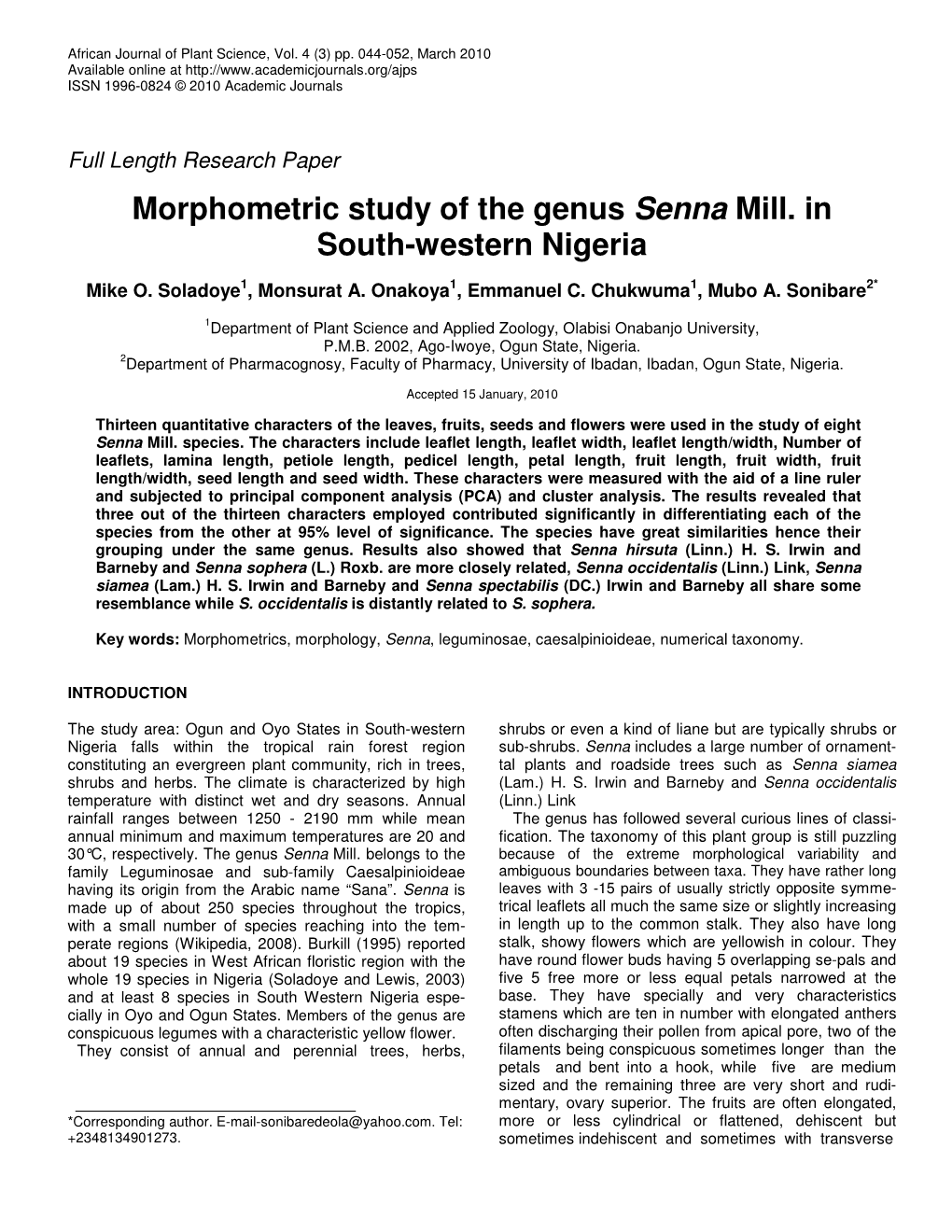 Morphometric Study of the Genus Senna Mill. in South-Western Nigeria
