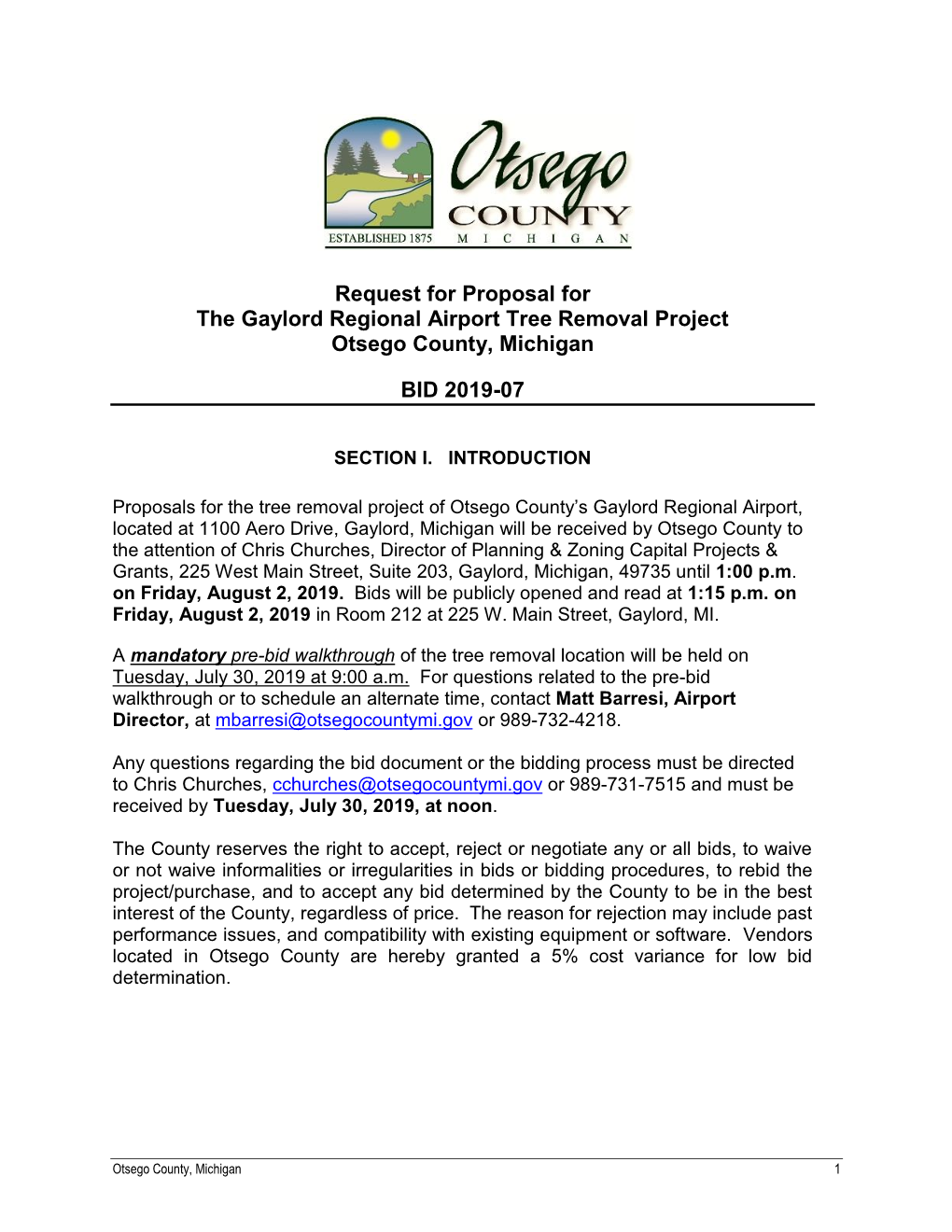Request for Proposal for the Gaylord Regional Airport Tree Removal Project Otsego County, Michigan