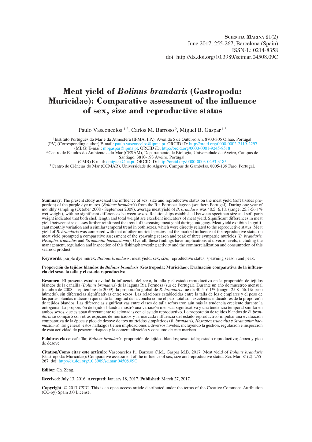 Meat Yield of Bolinus Brandaris (Gastropoda: Muricidae): Comparative Assessment of the Influence of Sex, Size and Reproductive Status