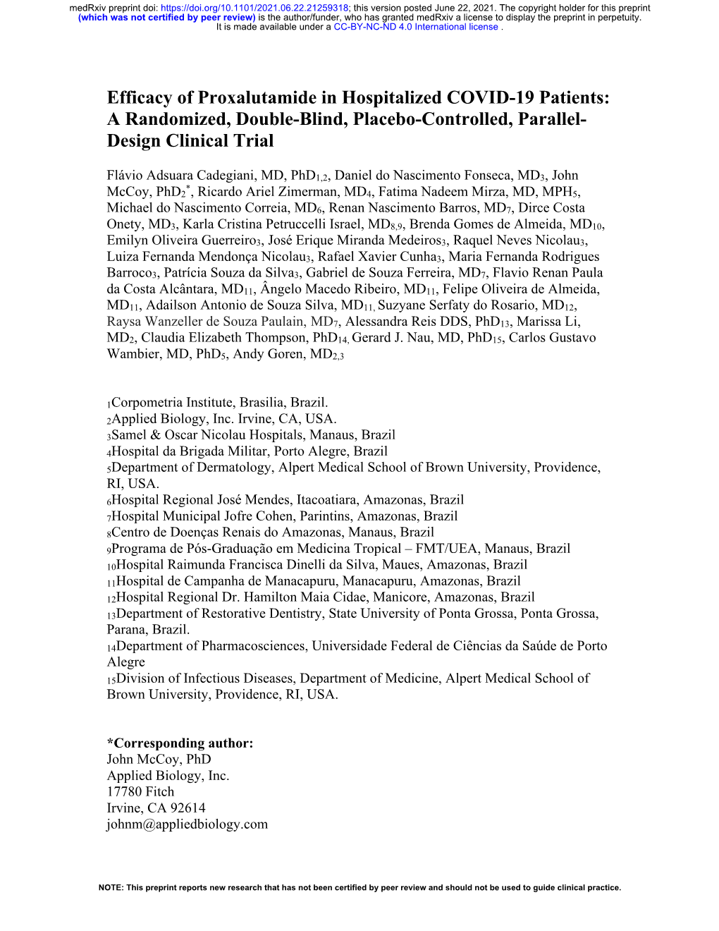 Efficacy of Proxalutamide in Hospitalized COVID-19 Patients: a Randomized, Double-Blind, Placebo-Controlled, Parallel- Design Clinical Trial
