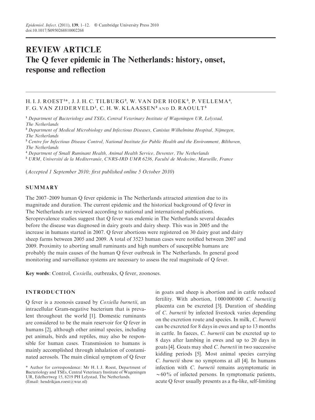 REVIEW ARTICLE the Q Fever Epidemic in the Netherlands: History, Onset, Response and Reﬂection