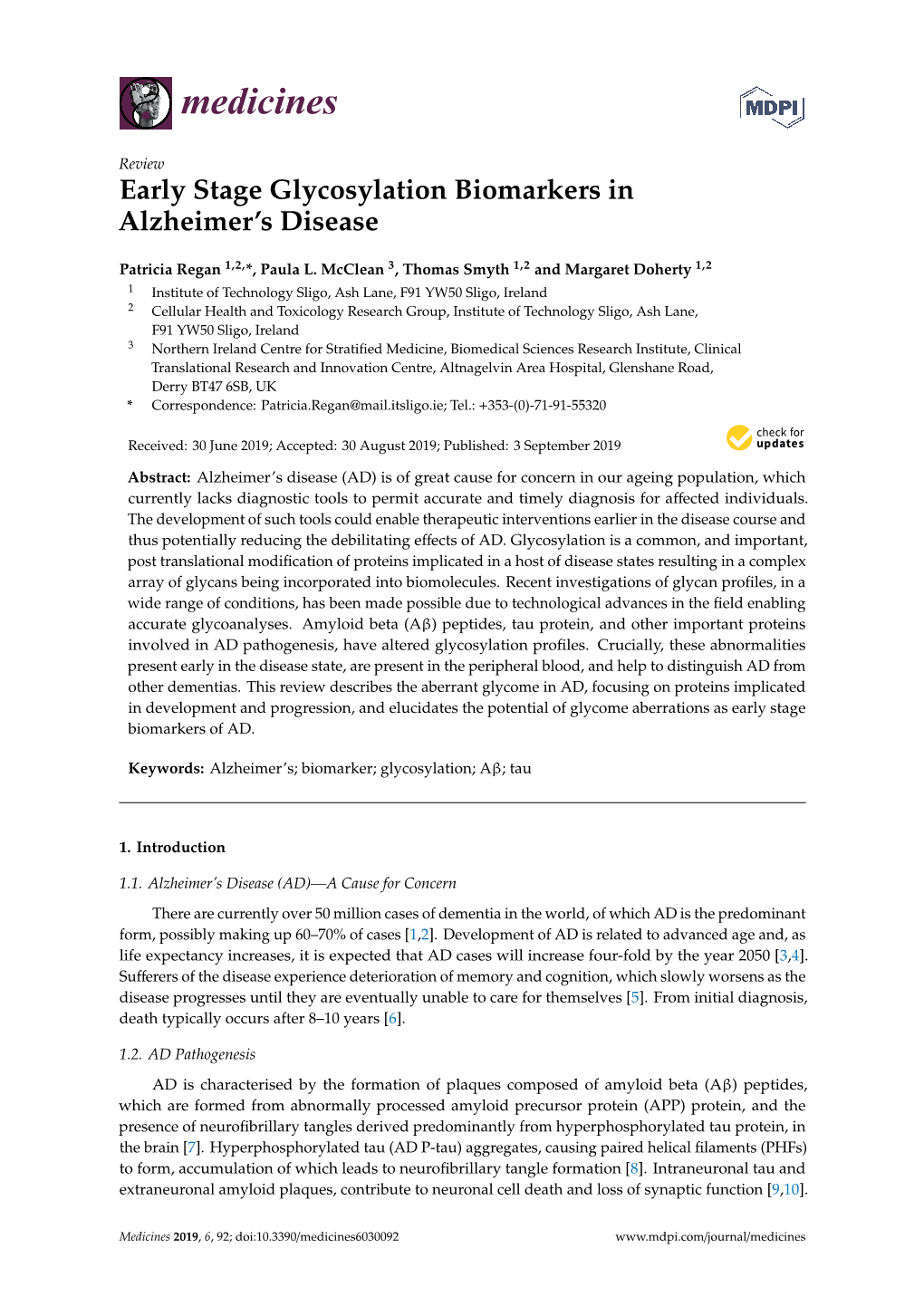 Early Stage Glycosylation Biomarkers in Alzheimer's Disease