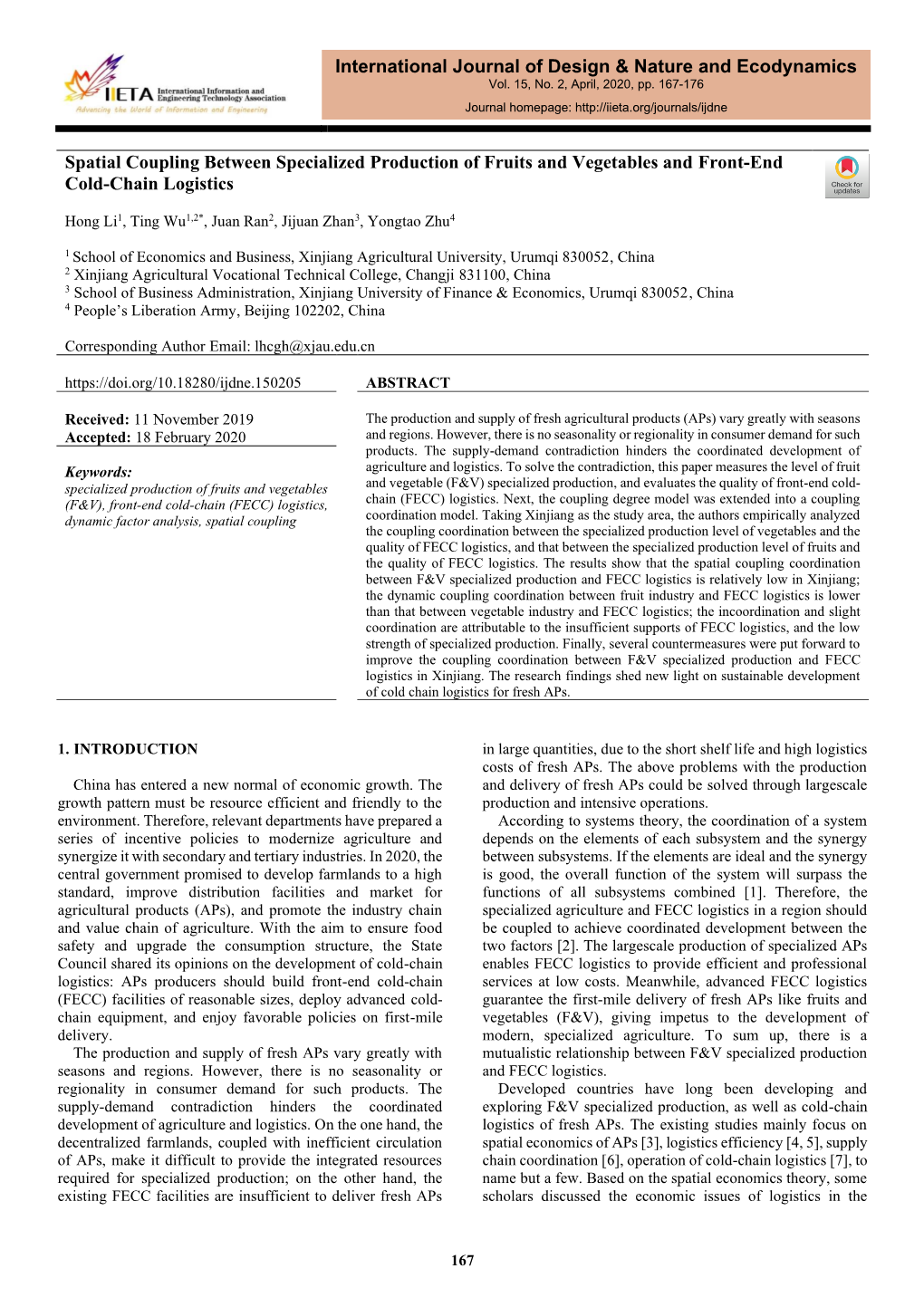 Spatial Coupling Between Specialized Production of Fruits and Vegetables and Front-End Cold-Chain Logistics