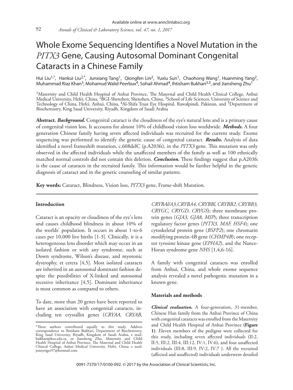 Whole Exome Sequencing Identifies a Novel Mutation in the PITX3 Gene, Causing Autosomal Dominant Congenital Cataracts in a Chine