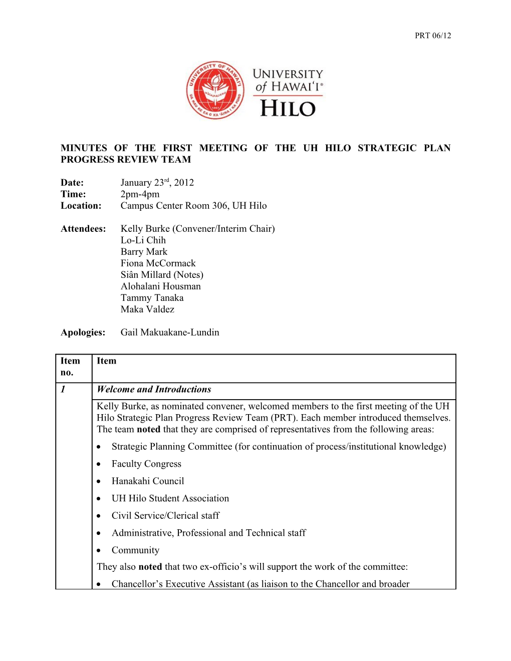 Minutes of the First Meeting of the Uh Hilo Strategic Plan Progress Review Team