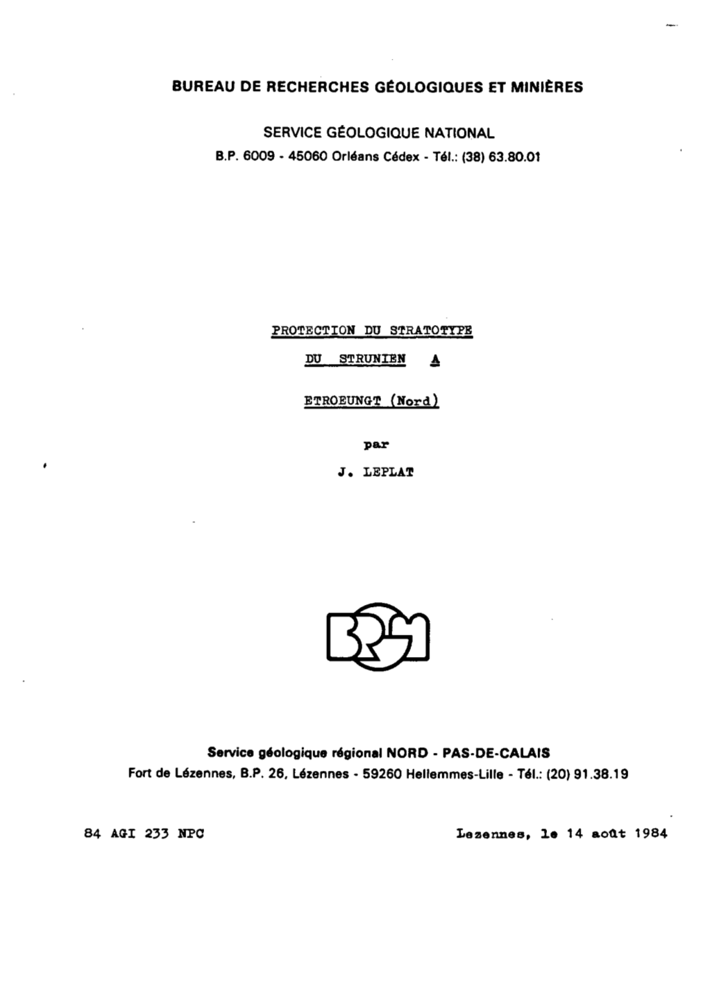 Bureau De Recherches Géologiques Et Minières Service Géologique National B.P. 6009