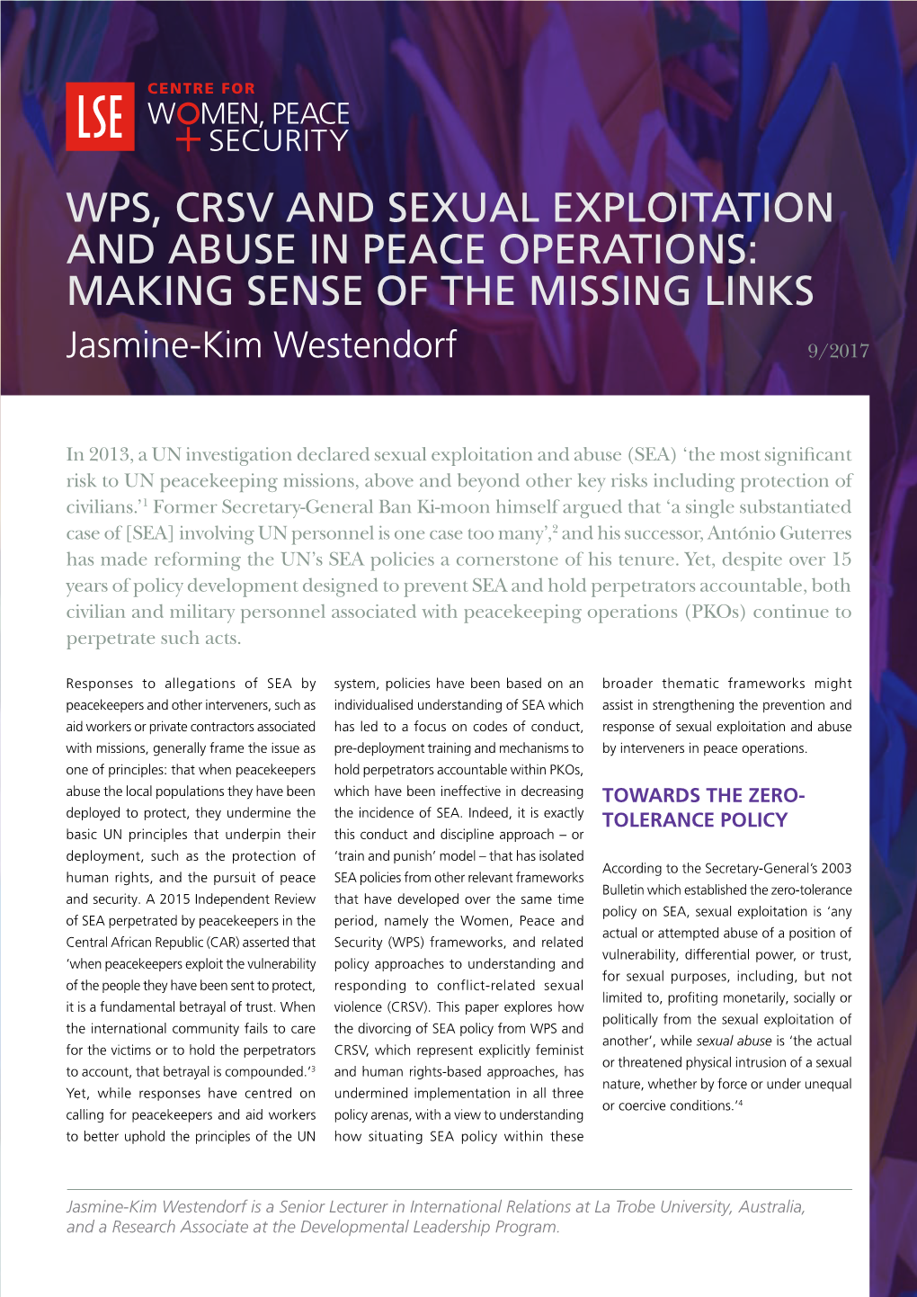 WPS, CRSV and Sexual Exploitation and Abuse in Peace Operations: Making Sense of the Missing Links