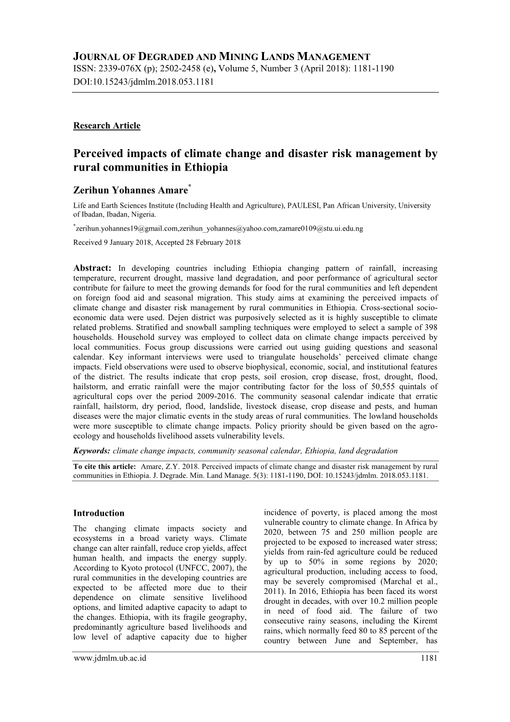 Perceived Impacts of Climate Change and Disaster Risk Management by Rural Communities in Ethiopia