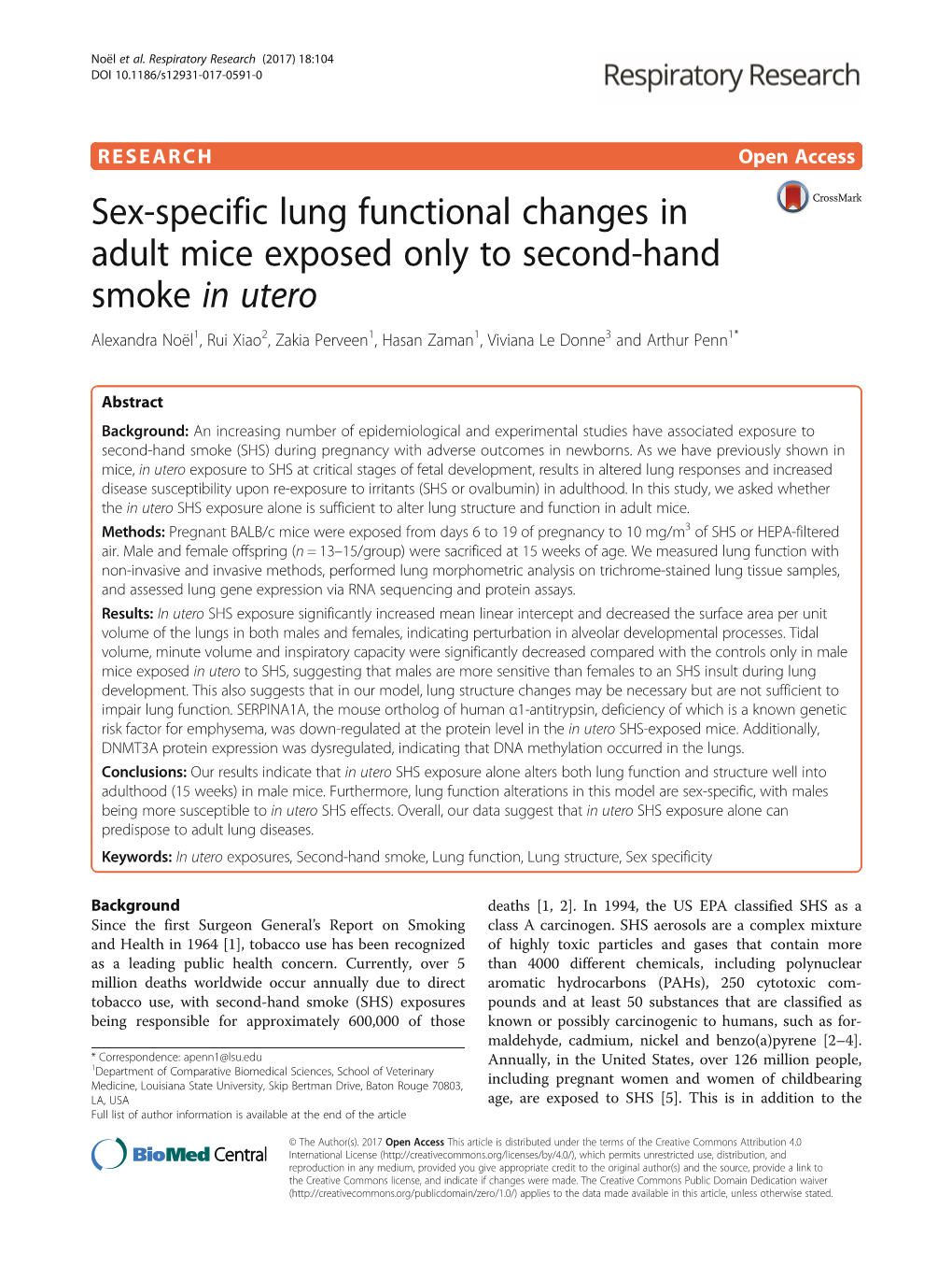 Sex-Specific Lung Functional Changes in Adult Mice Exposed Only to Second-Hand Smoke in Utero