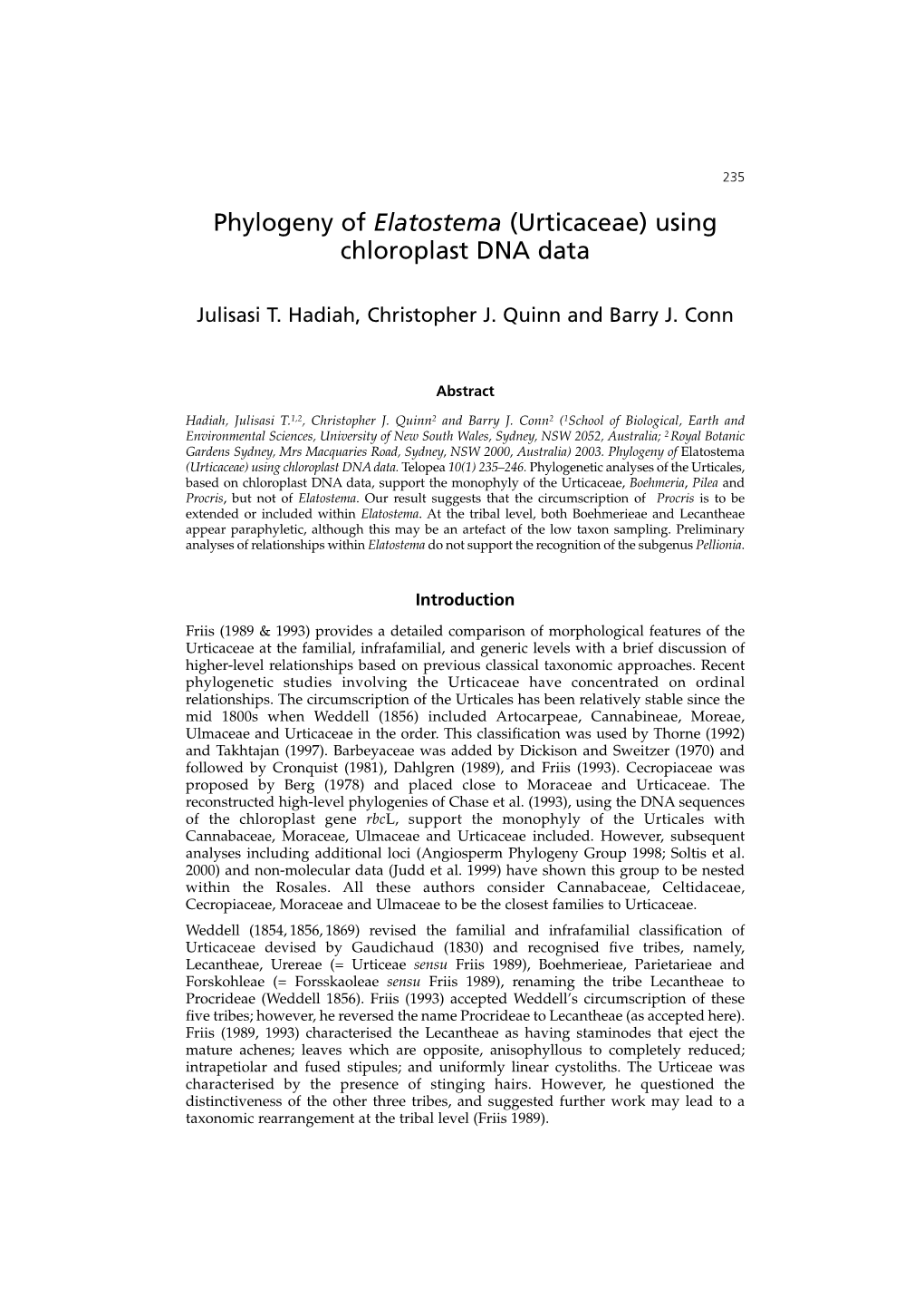 Phylogeny of Elatostema (Urticaceae) Using Chloroplast DNA Data