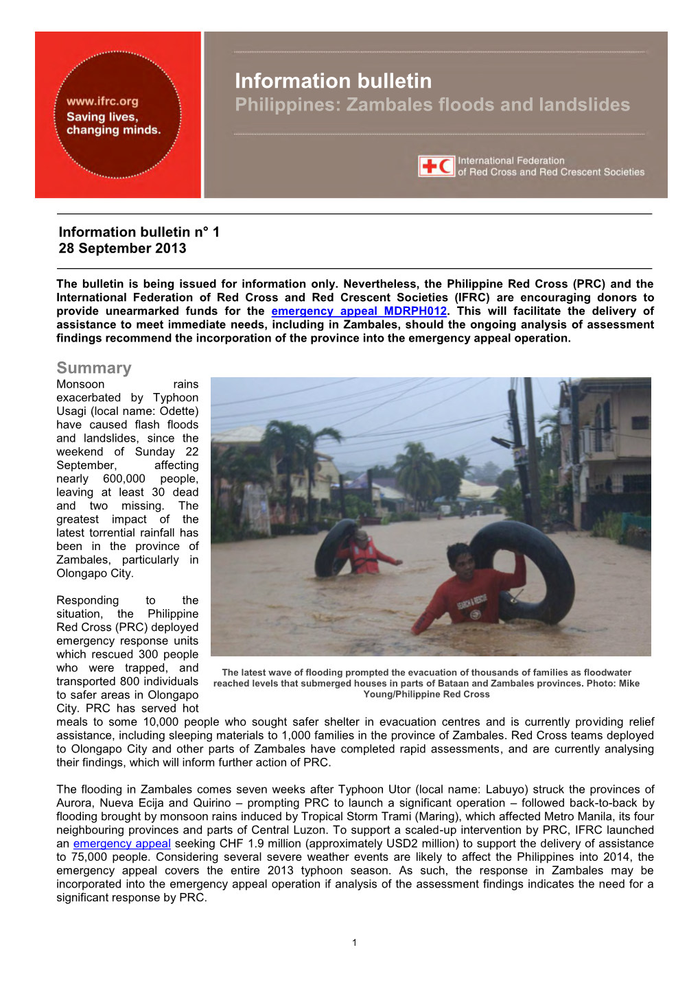 Information Bulletin Philippines: Zambales Floods and Landslides