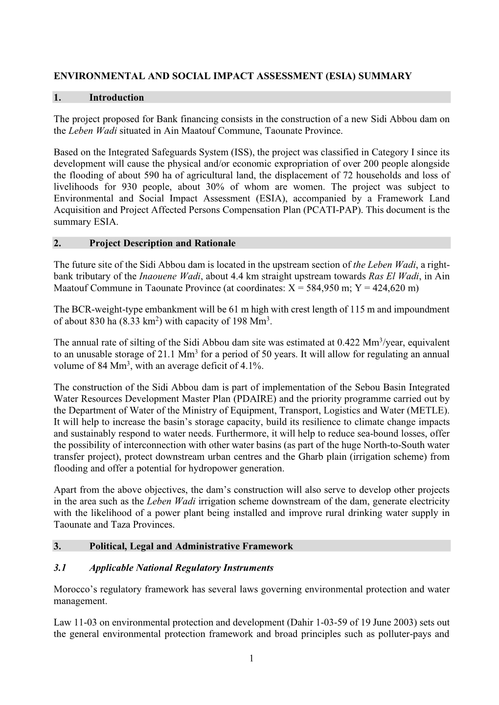 1 Environmental and Social Impact Assessment (Esia