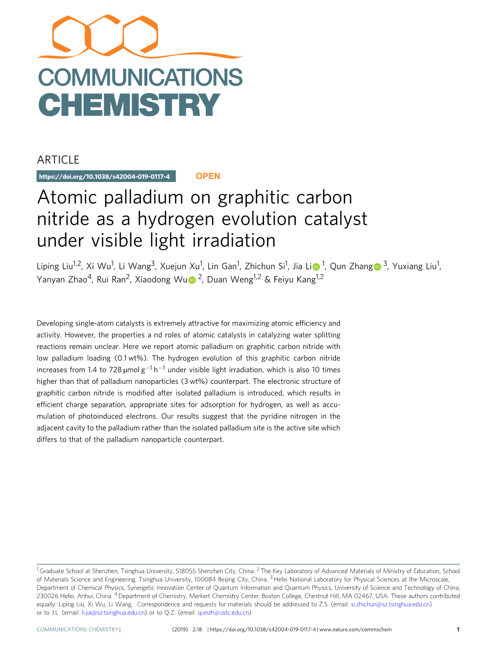 Atomic Palladium on Graphitic Carbon Nitride As a Hydrogen Evolution Catalyst Under Visible Light Irradiation