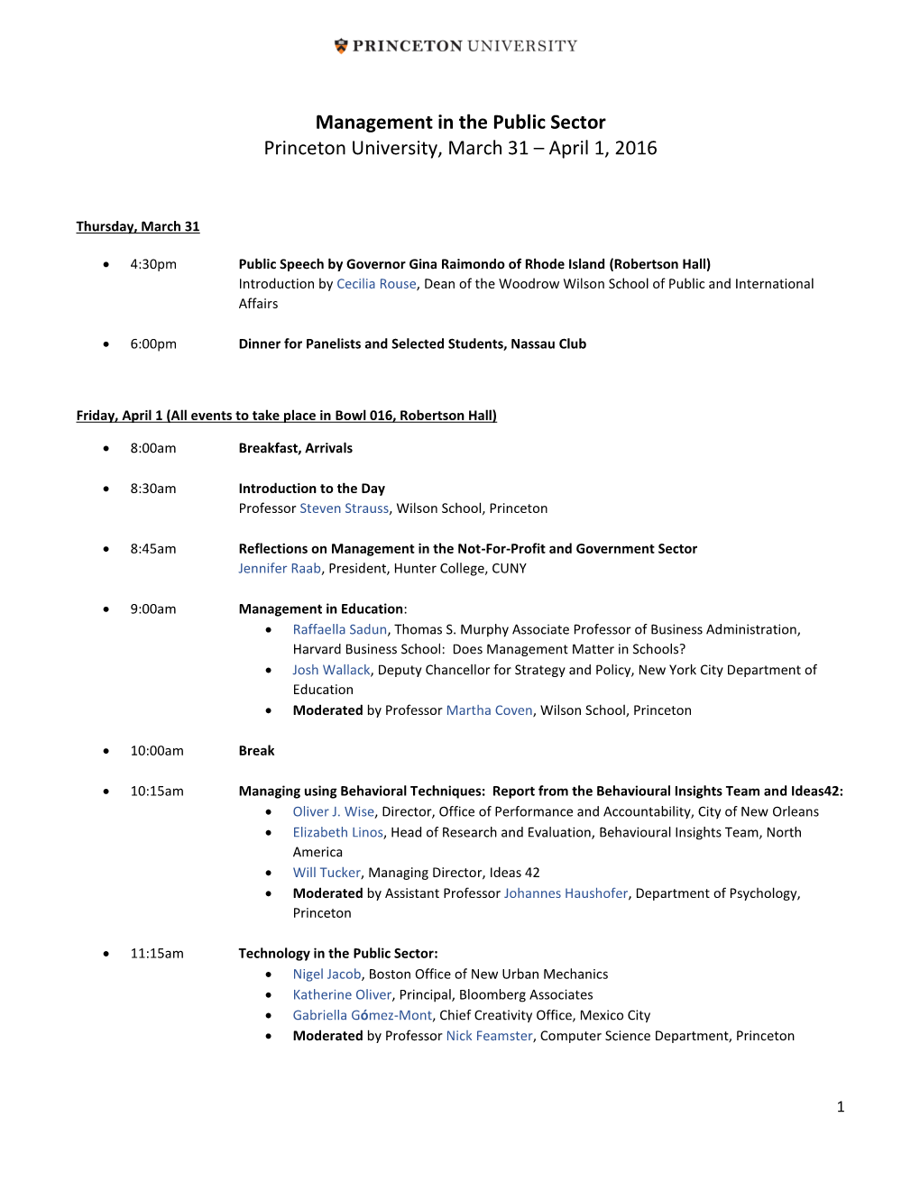 Management in the Public Sector Princeton University, March 31 – April 1, 2016