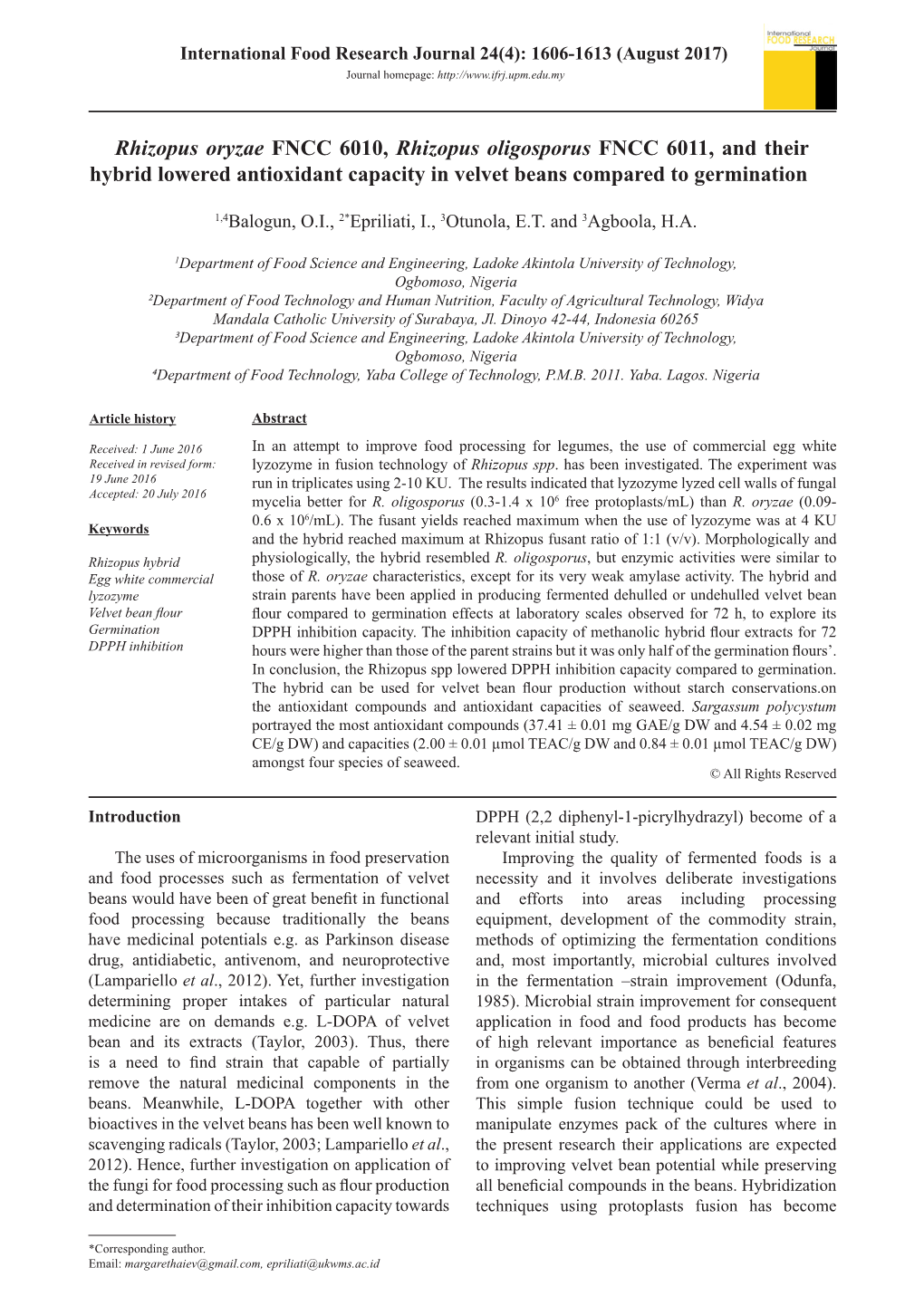 Rhizopus Oryzae FNCC 6010, Rhizopus Oligosporus FNCC 6011, and Their Hybrid Lowered Antioxidant Capacity in Velvet Beans Compared to Germination