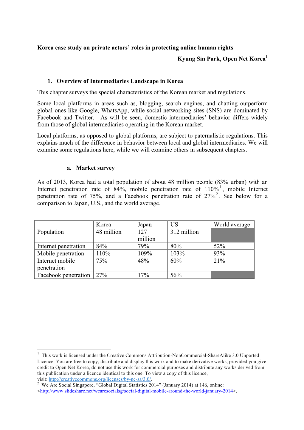 Korea Case Study on Private Actors' Roles in Protecting Online Human Rights Kyung Sin Park, Open Net Korea1 1. Overview Of