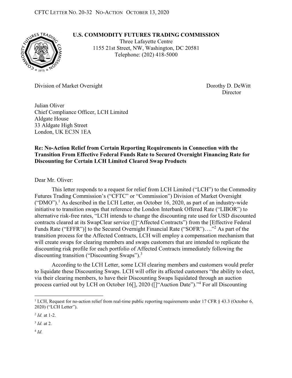 Cftc Letter No. 20-32 No-Action October 13, 2020