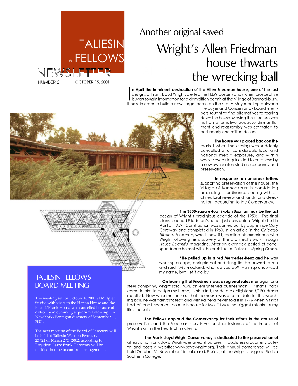 TALIESIN FELLOWS NEWSLETTER, OCTOBER 15, 2001 More�Letters.�.